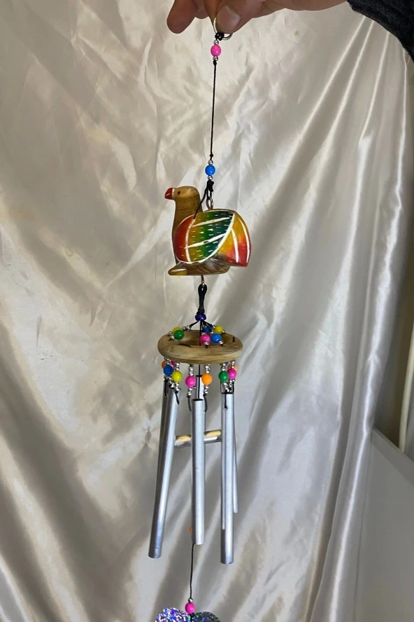 Deprem Çanı Zili Rüzgar Çanı Ahşap Ejderah Yılında Koruyucu Horoz Figürlü 6 Metal Borulu - Resim 3