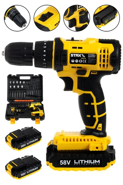 STAXX Çift Batarya Metal Dişli Darbeli Şarjlı Matkap Vidalama Set 58 Vf 8 Ah 24 Parça Usta Seti - 1