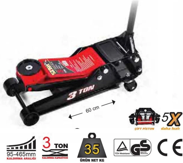 Staxx Power Germany Type 3 Ton Çift Piston  Çelik Şase Düşük Profil Oto Tamirci Krikosu Max 47 cm