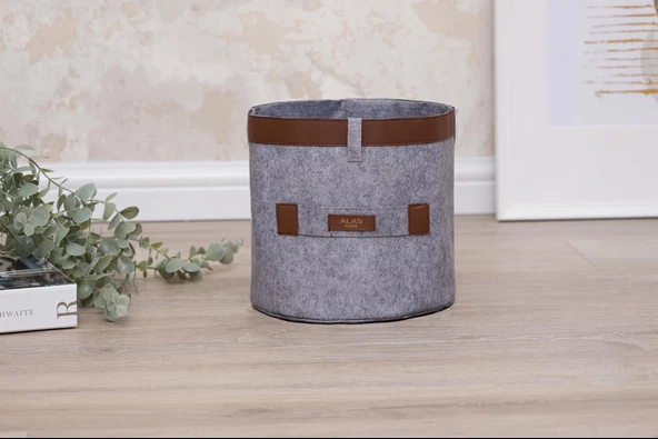 Deri Şeritli Yuvarlak Çok Amaçlı Düzenleyici Organizer Kutu Keçe Sepet (mini) 03822 - 6