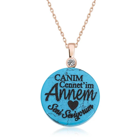 925 Ayar ​Gümüş Turkuaz Taşlı Annem Yazılı Kadın Gümüş Kolye ürün görseli