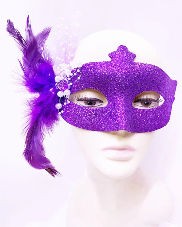 Parti Aksesuar Sim İşlemeli İnci Boncuk Detaylı Tüylü Balo Maskesi Mor Renk 13x18 cm