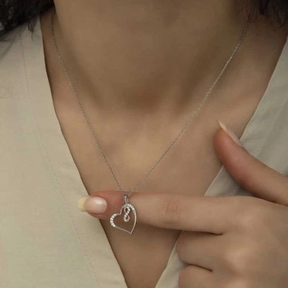 925 Ayar Gümüş Kalpli Sonsuzluk Bayan Gümüş Kolye - Resim 5