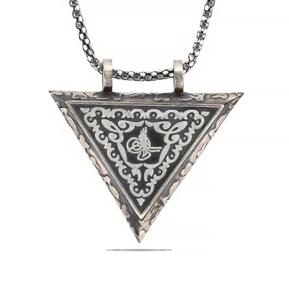 925 Ayar Gümüş Üçgen İçi Açılabilen Tuğra Muskalık Gümüş Kolye - Resim 2