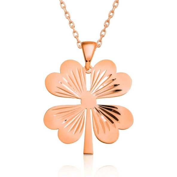 925 Ayar Gümüş Dört Yaprak Rose Yonca Kadın Gümüş Kolye - Resim 2