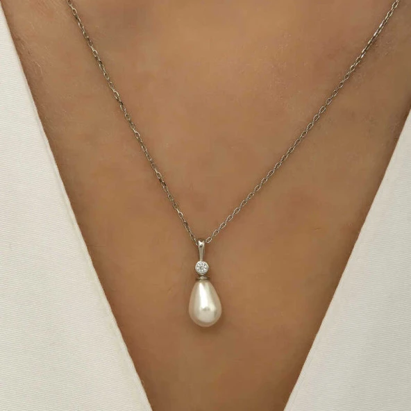 925 Ayar Gümüş Damla İnci Bayan Gümüş Kolye - Resim 3