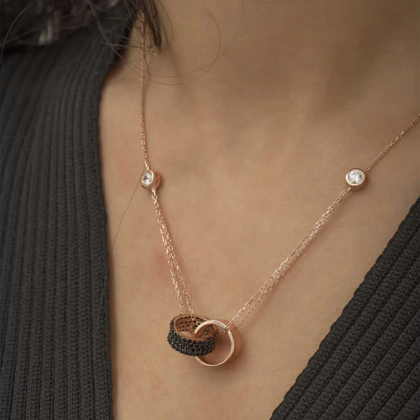 925 Ayar Gümüş İç İçe Geçmiş Halka Kadın Gümüş Kolye - Resim 2