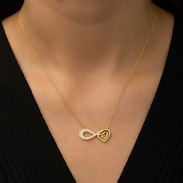 925 Ayar Gümüş Gold Kalpli Sonsuzluk Kadın Gümüş Kolye - Resim 3