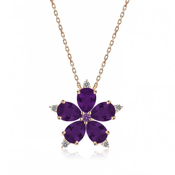 925 Ayar Gümüş Rose Mor Kamelya Çiçeği Kolye - Resim 2