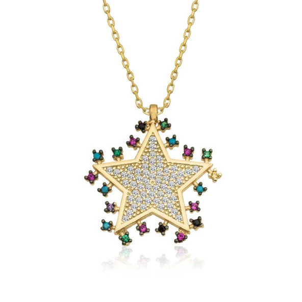 925 Ayar Gümüş Gold Parlayan Yıldız Kolye ürün görseli