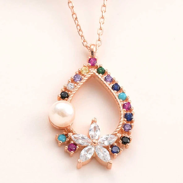 925 Ayar Gümüş Rose Renkli Taşlı Çiçekli Kadın Kolye ürün görseli