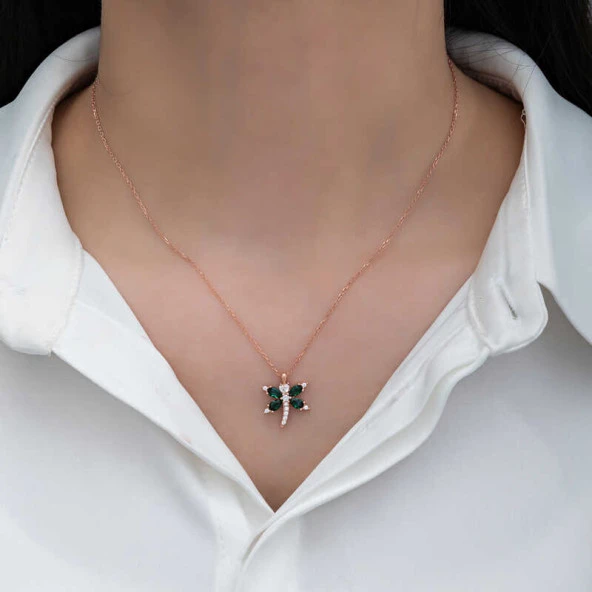 925 Ayar Gümüş Rose Yusufçuk Kadın Kolye - Resim 3