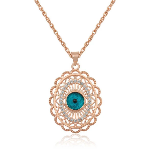 ​925 Ayar Gümüş Rose Oval Nazar Kolye - Resim 2