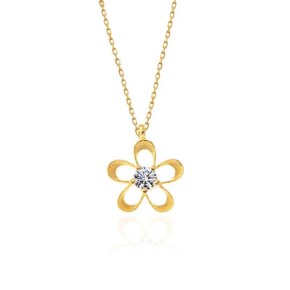 ​925 Ayar Gümüş Gold Zirkon Taşlı Çiçek Kadın Kolye  T7489 ürün görseli