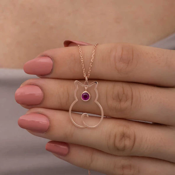 925 Ayar Gümüş Temmuz Ayı Doğum Taşı Kedi Kadın Kolye T8348 - Resim 4