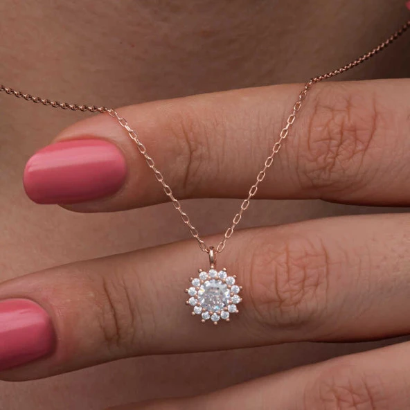 925 Ayar Gümüş Rose Minimal Yuvarlak Anturaj Kadın Kolye ürün görseli