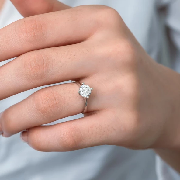 Swarovski Taşlı Gümüş Tektaş Yüzük - 6