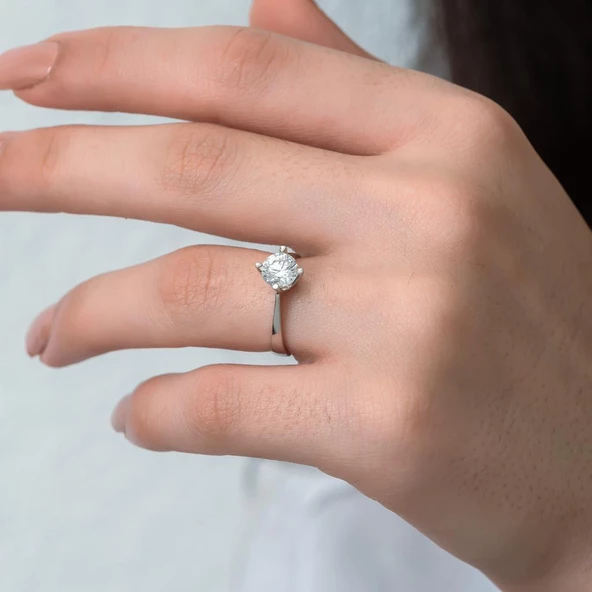 Swarovski Taşlı Gümüş Tektaş Yüzük - 5