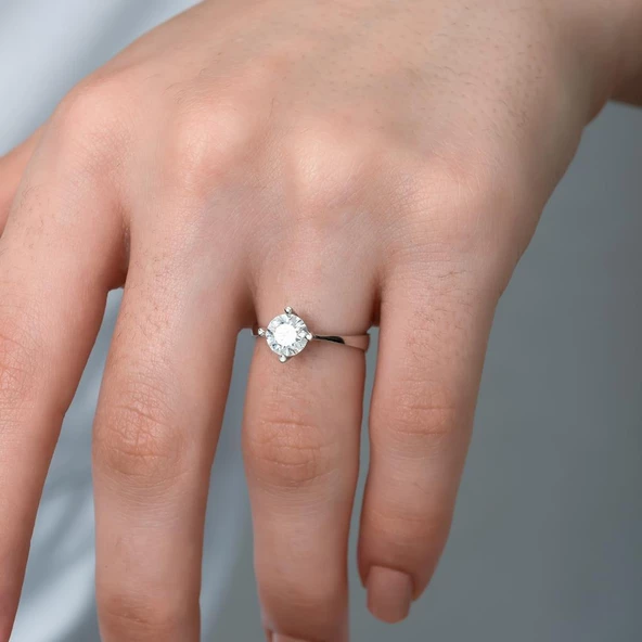 Swarovski Taşlı Gümüş Tektaş Yüzük - 3