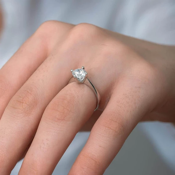 Swarovski Taşlı Gümüş Tektaş Yüzük - 9