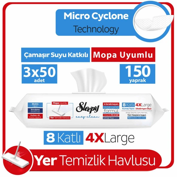 Sleepy Easy Clean Çamaşır Suyu Katkılı Mopa Uyumlu Yer Temizlik Havlusu 3x50 (150 Yaprak)