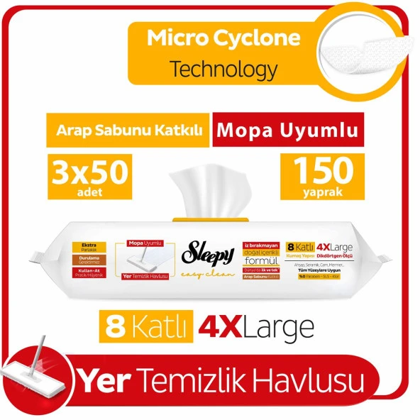 Sleepy Easy Clean Arap Sabunu Katkılı Mopa Uyumlu Yer Temizlik Havlusu 3x50 (150 Yaprak)