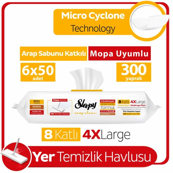 Sleepy Easy Clean Arap Sabunu Katkılı Mopa Uyumlu Yer Temizlik Havlusu 6x50 (300 Yaprak)