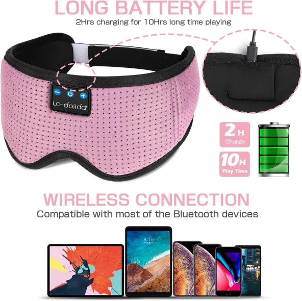 LC-dolida 3D Uyku Maskesi - Bluetooth Kablosuz Müzik - Klasik Pembe - 5