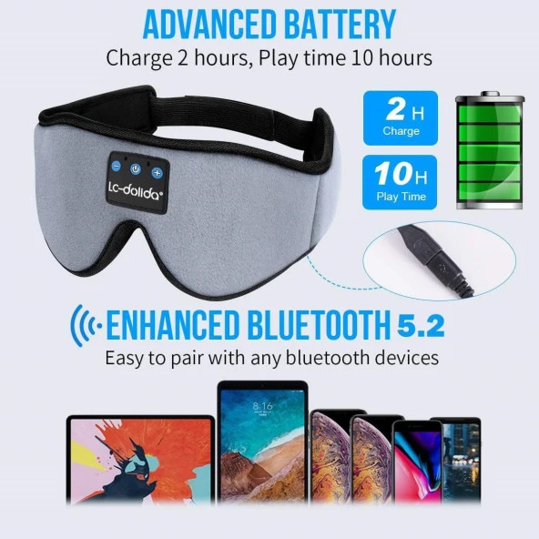 LC-dolida 3D Uyku Maskesi - Bluetooth Kablosuz Müzik - Gri - 5