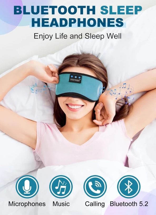 TOPOINT Uyku Kulaklıkları Bluetooth Uyku Maskesi - Açık Mavi - 2