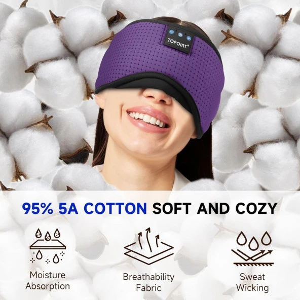 TOPOINT Uyku Kulaklıkları Bluetooth Uyku Maskesi - Mor Havalandırmalı - 4