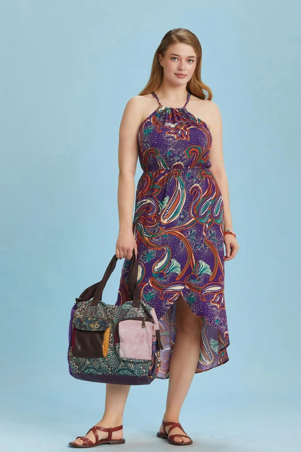 Halter Yaka Anvelop Desenli Büyük Beden Elbise - Resim 2