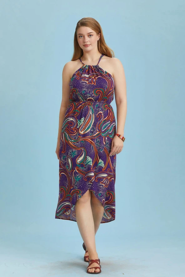 Halter Yaka Anvelop Desenli Büyük Beden Elbise - Resim 3