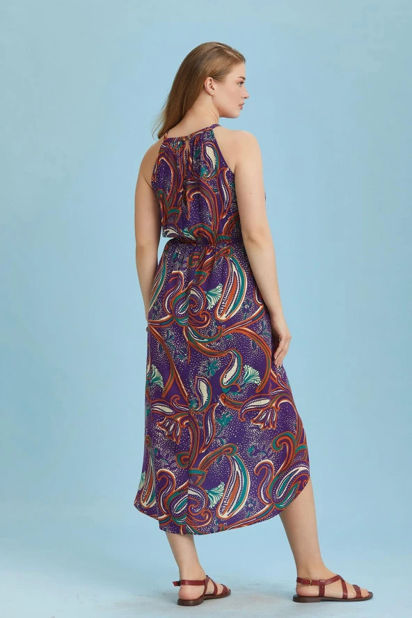 Halter Yaka Anvelop Desenli Büyük Beden Elbise - Resim 4