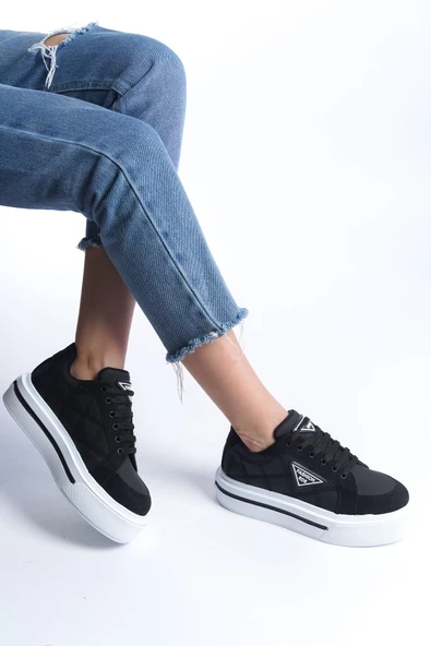 PRAG Bağcıklı Ortopedik Taban Desenli Kadın Sneaker Ayakkabı BT Siyah - 2