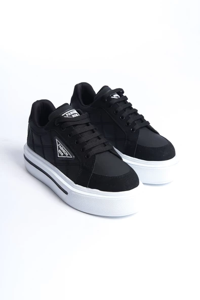 PRAG Bağcıklı Ortopedik Taban Desenli Kadın Sneaker Ayakkabı BT Siyah - 4