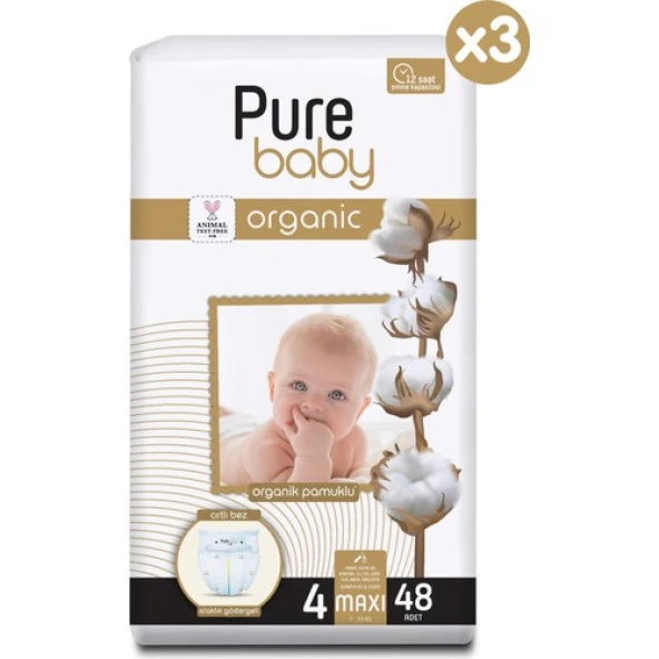 Pure Baby Organik Pamuklu Cırtlı Bez 3'lü Paket 4 Numara Maxi 144 Adet ürün görseli