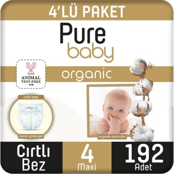 Pure Baby Organik Pamuklu Cırtlı Bez 4'lü Paket 4 Numara Maxi 192 Adet ürün görseli