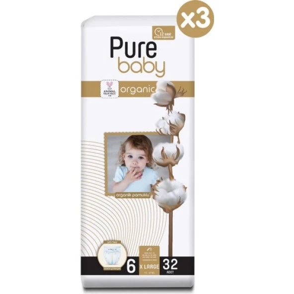 Pure Baby Organik Pamuklu Cırtlı Bez 3'lü Paket 6 Numara Xlarge 96 Adet