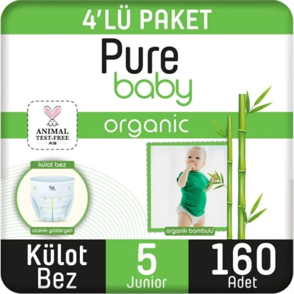 Pure Baby Organik Bambu Özlü Külot Bez 4'lü Paket 5 Numara Junior 160 Adet