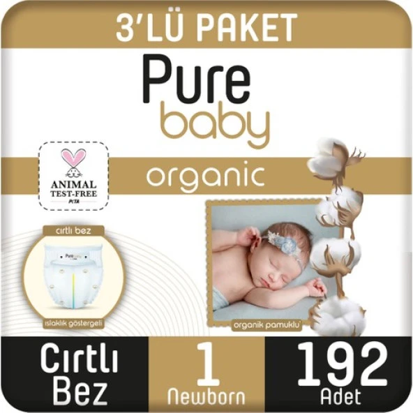 Pure Baby Organik Pamuklu Cırtlı Bez 3'lü Paket 1 Numara Yenidogan 192 Adet