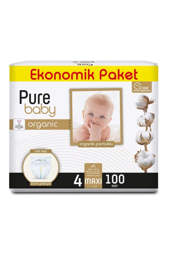Pure Baby Organik Pamuklu Cırtlı Bez Ekonomik Paket 4 Numara Maxi 100 Adet - Resim 2