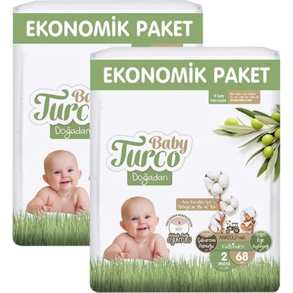 Baby Turco Doğadan 2 Beden Mini 68x2 136'LI Bebek Bezi