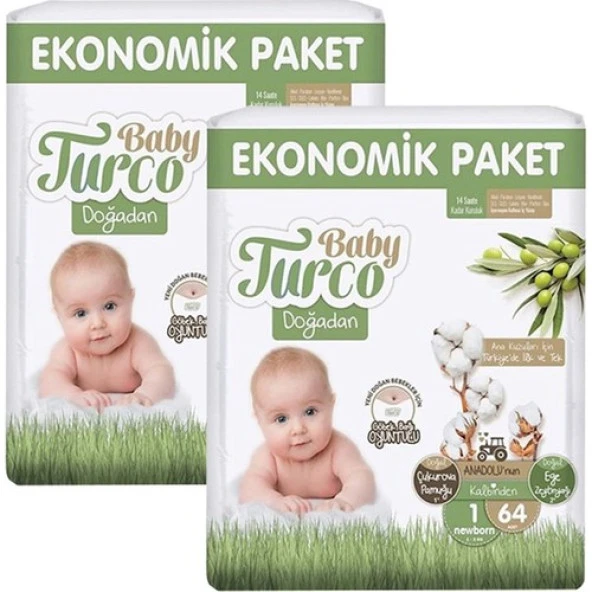 Baby Turco Doğadan 1 Beden Yenidoğan 64x2 128'LI Bebek Bezi