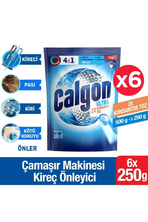 Calgon Power Kir, Pas, Kireç Ve Koku Önleyici 4'ü 1 Arada Ultra Konsantre Toz 250 G X 6