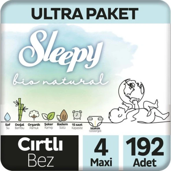 Sleepy Bio Natural U ltra Paket Bebek Bezi 4 Numara Maxi 192 Adet ürün görseli 1