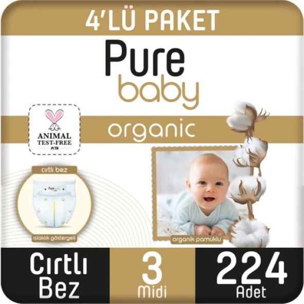 Pure Baby Organik Pamuklu Cırtlı Bez 4'Lü Paket 3 Numara Midi 224 Adet