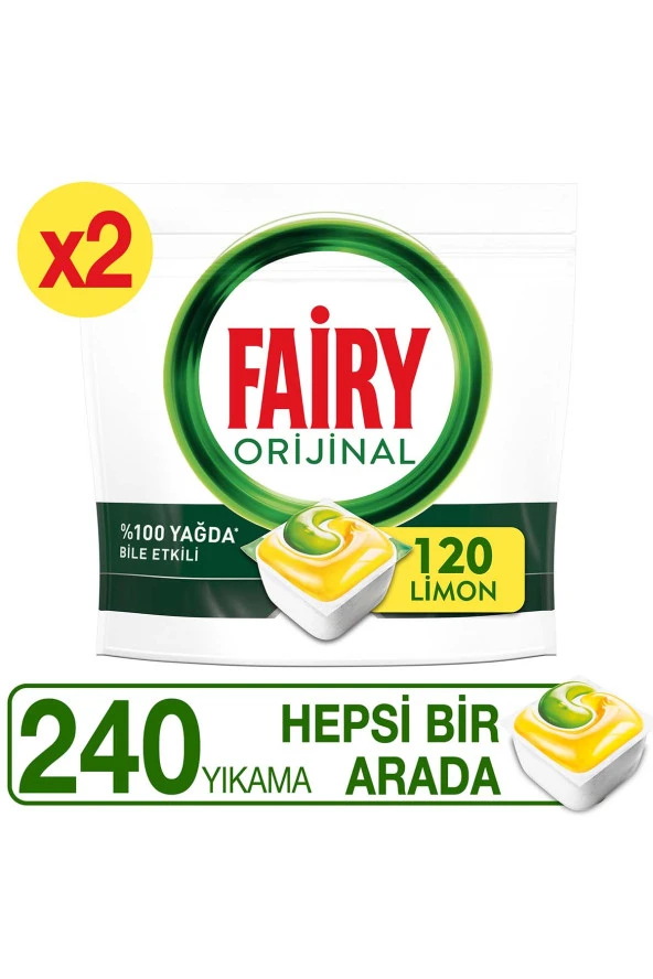 Fairy Hepsi Bir Arada Limon 120 Adet 2'li Paket Bulaşık Makinesi Tableti