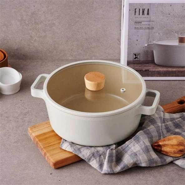 Neoflam Fika Cam Kapaklı Alüminyum Döküm Derin Tencere 22cm Bej