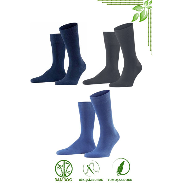 Bambu Erkek Soket Düz Uzun Çorap Klasik Yazlık Dikişsiz 3'lü Premium Set - 4